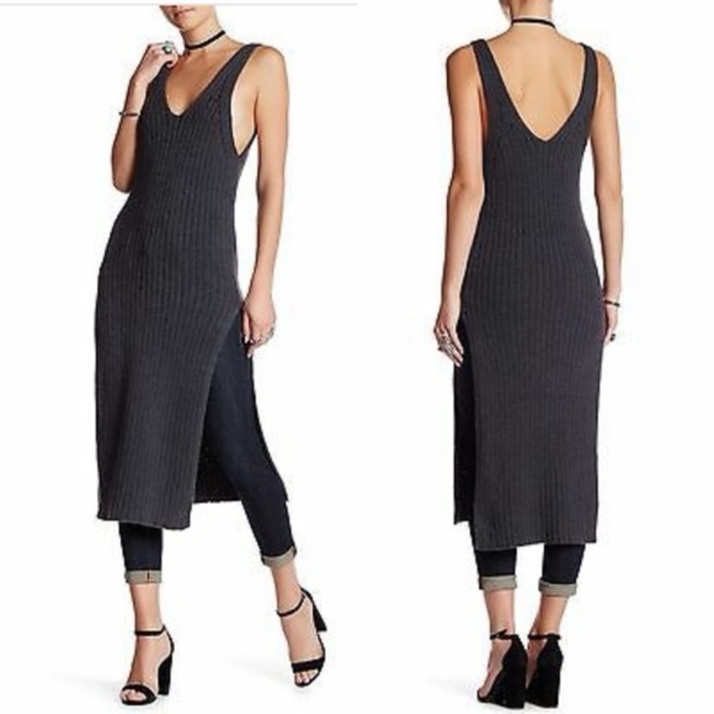 $128 NWT Free People Black/Grey Emmy Ribbed Knit Tank Midi Dress Medium